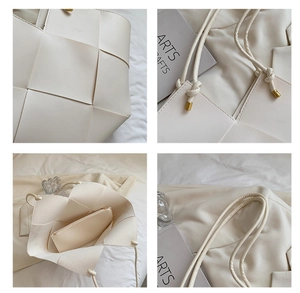 Detailed views of beige woven tote bag with large checkered pattern and inner pouch