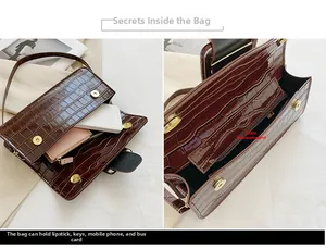 Detailed interior of dark brown croc-pattern square bag showing spacious main compartment