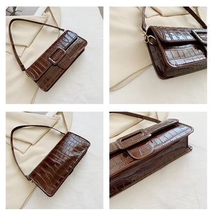 Detail view of dark brown faux crocodile leather shoulder bag from four different angles