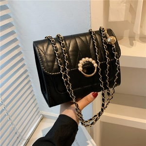 Elegant Quilted Shoulder Bag PU Leather Women Artificial Pearl Ring Buckle Adjustable Gold Ball Metal Chain Square Crossbody Bag