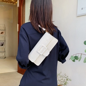 White crocodile pattern rectangular shoulder bag with square buckle on minimalist model