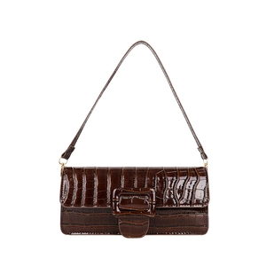 Dark brown faux crocodile leather square shoulder bag with large matching buckle detail