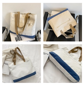 Detail shots of large canvas tote bag featuring navy blue base and front zipper pocket