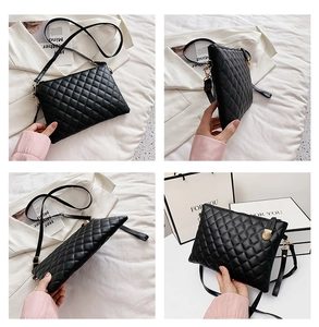 Detail shots of the black quilted leather texture and gold hardware on a crossbody bag