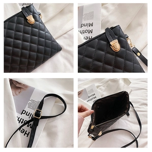 Detail shots of black quilted PU leather crossbody bag with golden twist lock and strap