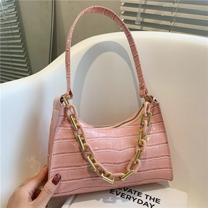 Women Vintage Croco Pattern Baguette Shoulder Bag With Thick Chain PU Leather Small Underarm Hobo Handbag Fashion Daily Party