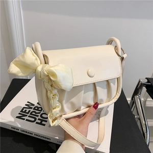 Ruched Cloud Shoulder Bag For Women PU Leather Crossbody Bag With Bowknot Scarf Decor Chain Strap Casual Fashion Handbag