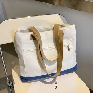 Women Simple Canvas Tote Bag Large Capacity Color Block Shoulder Bag For Daily Commute College Student Casual Handbag