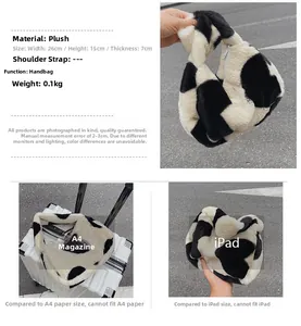 Détails du sac fourre-tout en peluche à motif vache avec fermeture éclair et dimensions