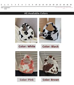 Close-up of fluffy faux fur tote bags in white black pink and brown floral patterns
