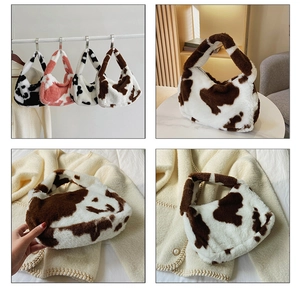 Detailed views of faux fur cow print hobo bags in black, pink, and brown color options