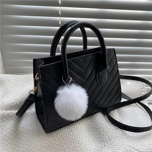 Women's Casual V-Quilted Shoulder Bag Fashion Chevron Pattern Handbag With Pom-Pom Small Square Crossbody Bag PU Leather Purse