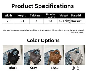 Detailed view of four corduroy bucket bags in black, gray, khaki and beige with dimensions