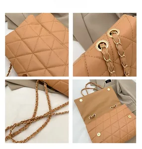 Détails du sac à bandoulière matelassé marron caramel avec chaîne dorée et rabat aimanté
