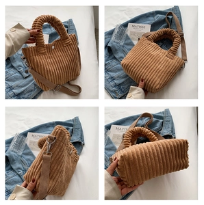 Detailed views of a brown corduroy bucket bag showing texture and adjustable strap