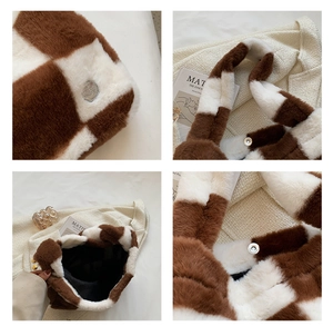 Detail view of brown checkered plush bag featuring magnetic closure and soft lining