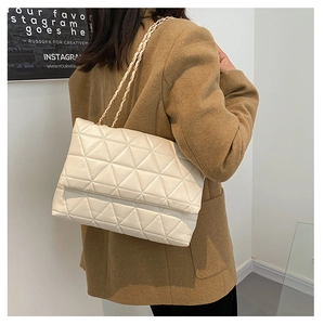 Gros plan sur un sac beige matelassé à chaîne porté sur un blazer en laine camel chic