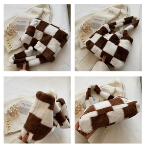Detailed four-view look at the brown checkerboard plush tote bag with soft texture