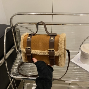 Damen Casual Kunstfell Plüsch Schultertasche Retro PU Leder Quadrat Crossbody Tasche Mit Goldener Schnalle Herbst Winter Handtasche