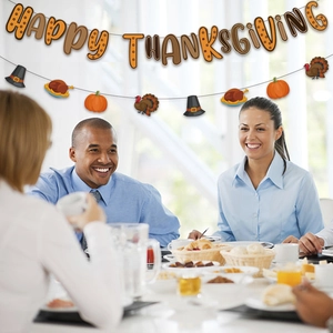 Happy Thanksgiving banner with pumpkin and turkey elements for festive party decor