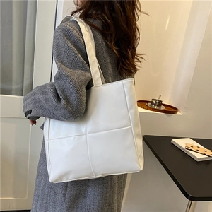 Large white quilted tote bag with cross-stitch pattern for women daily casual use