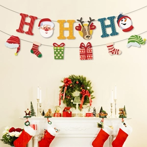 Christmas Banner HO HO HO Santa Claus Reindeer Snowman Pull Flag Festive Party Wall Hanging Decoration Paper Bunting Decor