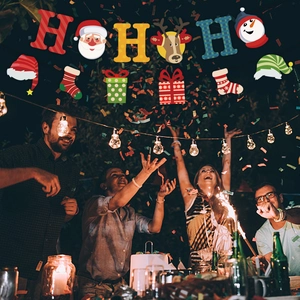 Christmas Ho Ho Ho banner with Santa Claus and Reindeer for holiday party wall decoration