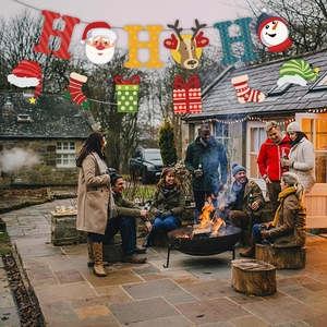 Christmas party banners with HO HO HO letters and festive cartoon icons for outdoor decor