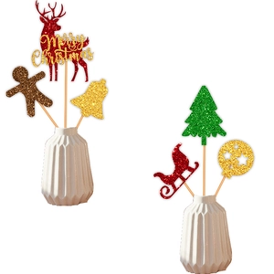 Christmas Vase Toppers Reindeer Gingerbread Man Glitter Cardstock Wooden Stick Party Floral Cake Decorative Ornament