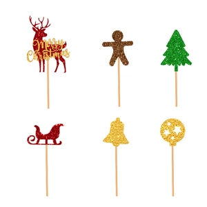 6-piece glitter Christmas cake toppers featuring reindeer and gingerbread man decorations