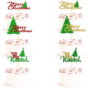 Glitter Paper Christmas Cake Topper Merry Christmas Feliz Navidad Decoration With Tree For Holiday Party Baking Supplies