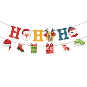 Christmas HO HO HO banner with Santa Claus, reindeer and snowman hanging decorations