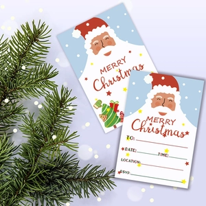 Detailweergave van kerstuitnodigingskaart met Kerstman en decoratieve dennentakken