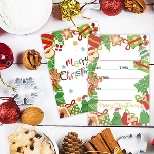 Kerst uitnodigingskaarten met Kerstman design en RSVP-secties op wit houten achtergrond