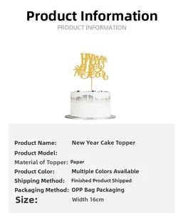 Détails d'un cake topper Happy New Year de 16cm en papier pailleté doré brillant