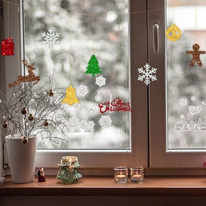 Décorations de Noël scintillantes avec rennes et flocons pour fenêtres de fêtes de fin d'année