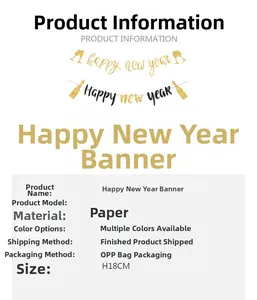 Détails des bannières Happy New Year en papier noir et or avec une hauteur de 18 cm
