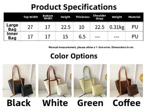 Detailed size specifications for large PU leather bucket bag and inner pouch set
