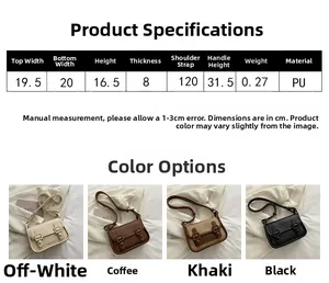 Size chart for retro PU square shoulder bag with precise dimensions and color options