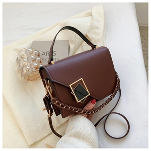 Detail of dark brown leather crossbody bag with vintage gold buckle and woven chain strap