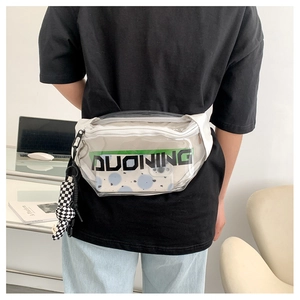 Detail of transparent PVC fanny pack with white trim and DUONING logo on model