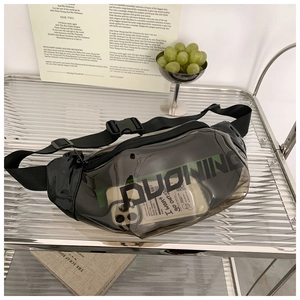 Detailed macro view of transparent grey PVC belt bag showing smartphone storage capacity