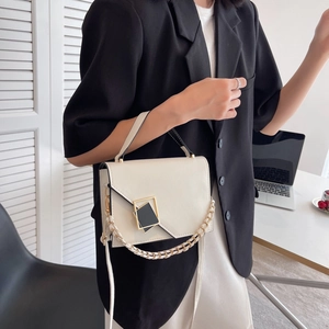 Minimalist cream white crossbody bag with elegant gold-tone square buckle and woven chain