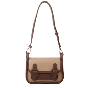 Retro contrast color shoulder bag with beige body, dark brown trim, and buckle details