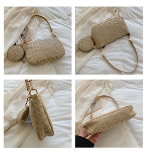 Detailed views of a straw woven shoulder bag with a mini circular charm and leather straps