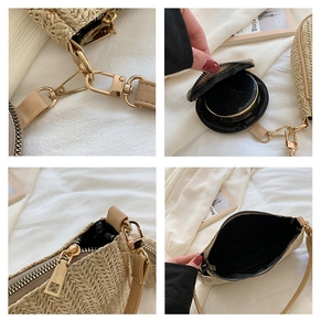Detail view of straw shoulder bag with gold hardware and removable round coin purse