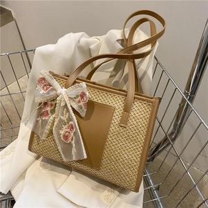 Borsa Tote in Paglia Intrecciata a Grande Capacità Donna Casual Ricamo Floreale Fiocco in Pizzo Borsa a Tracolla Mare Vacanza Handbag