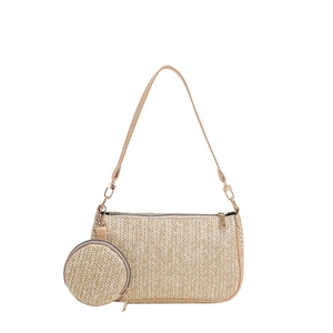 Straw woven shoulder bag set with round coin purse and khaki faux leather trim
