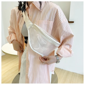 Detailed view of clear PVC waist bag with white trim worn as a stylish crossbody chest pack