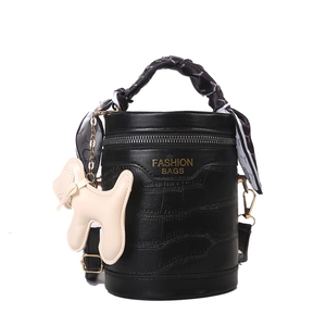 Chic black crocodile embossed bucket bag with fashion print and silk scarf handle